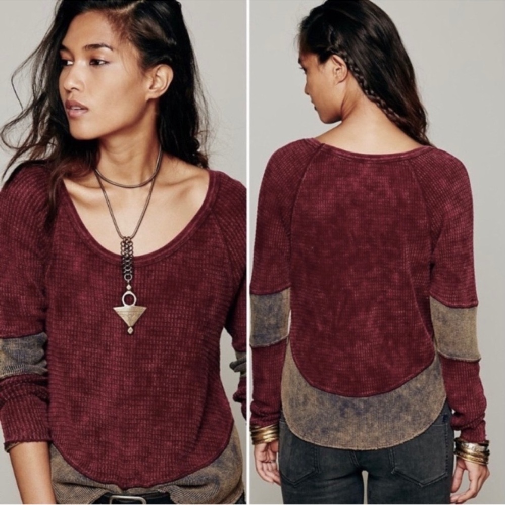 FREE PEOPLE We The Free Diamond Dozen Acid Wash Thermal Top Colorblock ~ Small